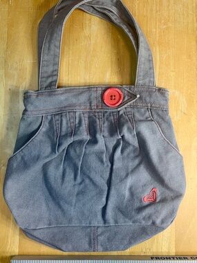 Roxy Denim Purse Tote Gray Blue Salmon Pink Button Pleats Y2K Satchel Straps